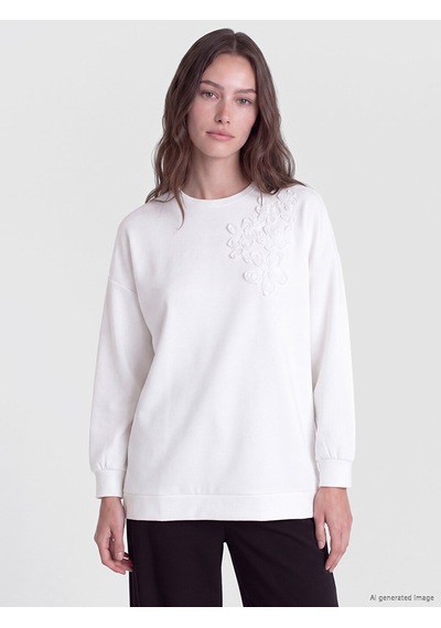 Lcw Modest Beyaz Nakışlı Soft Touch Kadın Sweatshirt Tunik