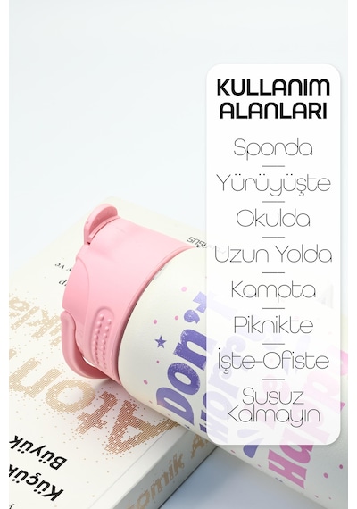 Paslanmaz 304 Çelik Matara Pipetli Motivasyon Matarası Suluğu 304 Çelik Suluk Pembe 750 Ml 1156 Pembe