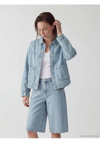 Lcw Vision İndigo Gömlek Yaka Oversize Kadın Jean Ceket