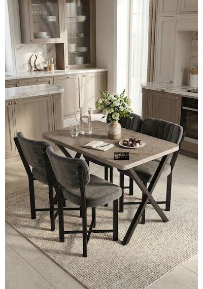 Reyo Falez Elma 110x70 Cm Masa Takımı 4 Sandalyeli Modern Mutfak Balkon Kafe Yemek Masası Seti Traverten - Antrasit 9887 Reyo Falez Elma 110x70 Cm Masa Takımı 4 Sandalyeli Modern Mutfak Balkon Kafe Yemek Masası Seti Traverten - Antrasit 9887