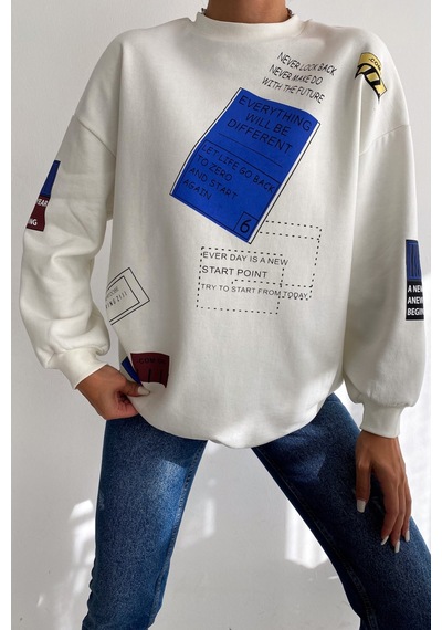 Femelle Kadın Beyaz Düşük Omuz 3 İplik Şardonlu Oversize Pamuk Sweatshirt