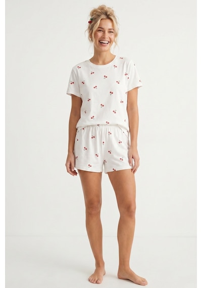 Siyah İnci İnce Soft Örme Mevsimlik Şortlu Pijama Takımı 8045 Kiraz