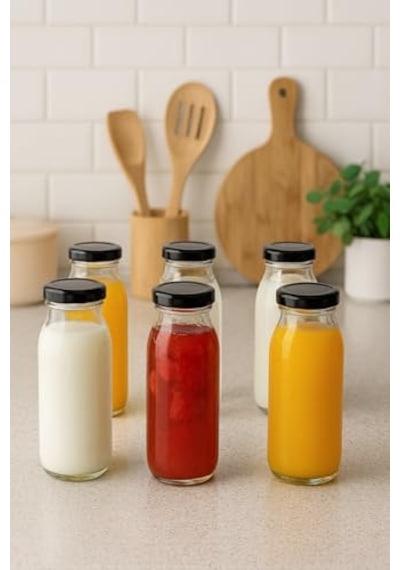6 Adet 250 Ml Beslenme Şeffaf Meyve Suyu, Meşrubat, Limonata Şişesi Metal Kapaklı 250 Cc Şişe Siyah 0