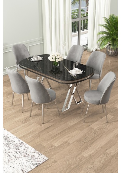 Canisa Lai Serisi 90x168 Lak Panel Sonata Krom Ayak Masa Takımı 6 Gri Sandalye Masa Siyah Mermer Sandalye Gri Krom Detay Canisa Lai Serisi 90x168 Lak Panel Sonata Krom Ayak Masa Takımı 6 Gri Sandalye Masa Siyah Mermer Sandalye Gri Krom Detay