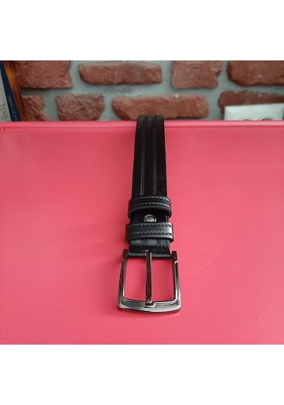 Real Leather Erkek Kemer Desenli Siyah Hakiki Deri Vejetal Dana Derisi 3.5 CM Siyah