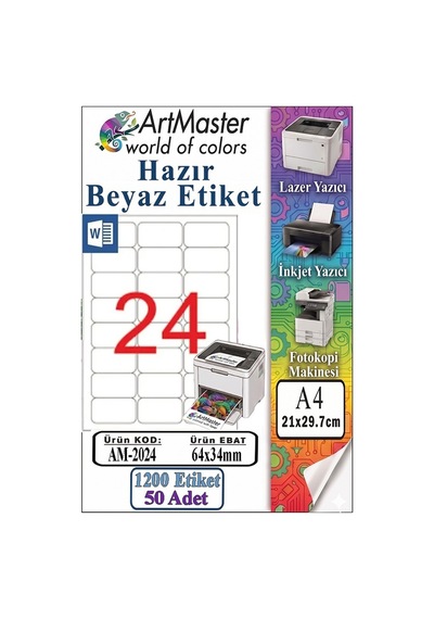 A4 Hazır Beyaz Etiket 64x34 Mm 50 Sayfa 1 Paket 24 Lü Kendinden Yapışkanlı Fotokopi Lazer İnkjet Kağıdı Yazıcılar İçin