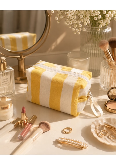 Faralyalife Çizgili Fermuarlı Taşıma Kulplu Makyaj Çantası 20x20 Cm %70 Pamuk %30 Polyester Kozmetik Kadın Makyaj Çantası