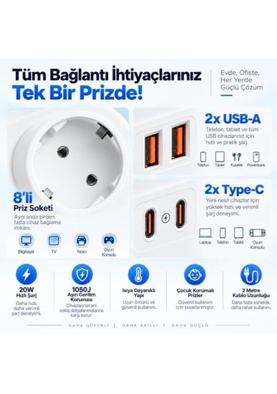 Termal Akım Korumalı, 8'li Priz Soketi, Isıya Dayanıklı Yapı, 8x Priz, 2x Usb, 2x Type-c Girişi, 20w Hızlı Şarj, Çocuk Korumalı Çoğaltıcı, 2 Metre Uzatma Kablosu 230v/16a/1050j