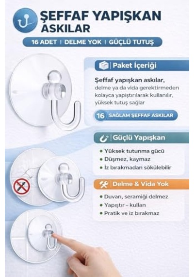 16 Lı Şeffaf, Vantuzlu Kanca Seti, Güçlü Tutuşlu, İz Bırakmayan Pvc Askı Aparatı, Işık Zinciri, Led Işık Ağı, Perde, Balon, Yılbaşı, Parti Ve Etkinlik Dekorasyonu İçin Pratik Kullanım Küçük 50cm