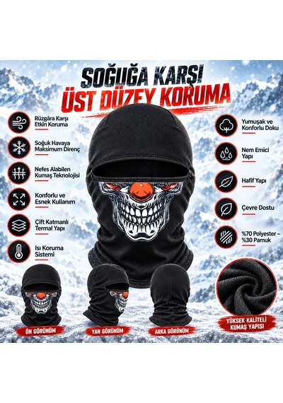 Teorastore Unisex Şık Palyaço Desenli Balaklava Kışlık Tam Yüz Maske Termal Nefes Alan Esnek Kask Altı Boyunluk Siyah