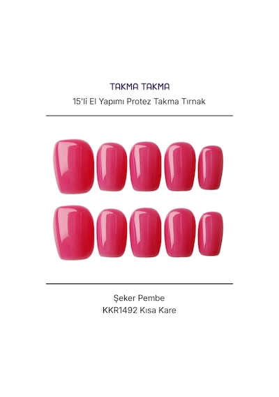 15'li Pembe Kısa Kare Kkr1492 Tekrar Kullanılabilir El Yapımı Protez Takma Tırnak Xs