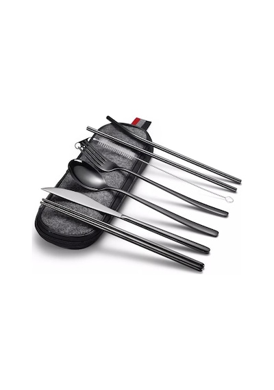 Valkyrie 8 Parça Çantalı Yolculuk Çatal Bıçak Kaşık Pipet Chopstick Seti Kamp Okul Ofis Tatil Paslanmaz Çelik Siyah Siyah