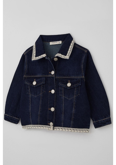 Breeze Kız Çocuk Jean Ceket Yaka & Alt Kısmı Güpür Cep Kapak Detaylı 3-7 Yaş, Koyu Mavi Koyu Mavi