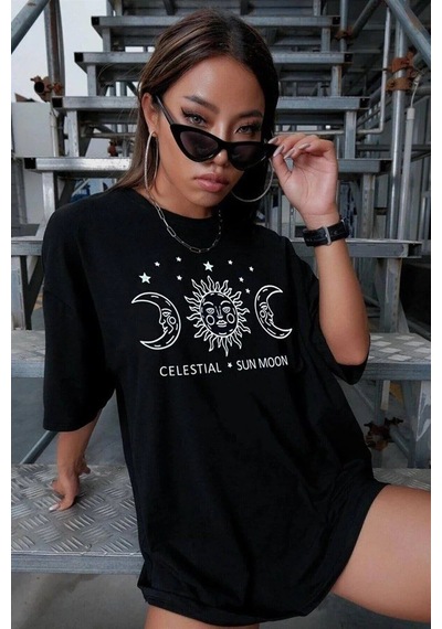 Assema Kadın Baskılı T-shirt Kısa Kol Bisiklet Yaka Ovarsize Rahat Kalıp Tişört - Siyah Çok Renkli