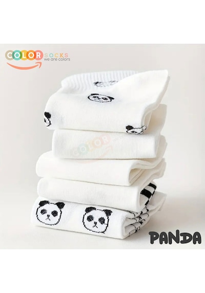 5 Çift Beyaz Panda Desenli Yarım Kolej Kadın Çorap Seti Beyaz