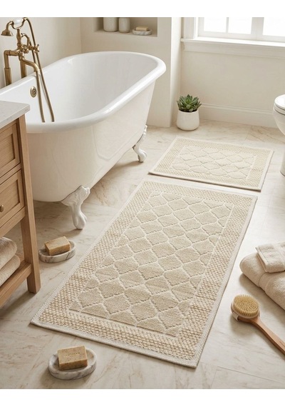 İkili Banyo Paspası Pamuklu Kaymaz Taban Dikdörtgen Banyo Paspas Kilim Set Krem