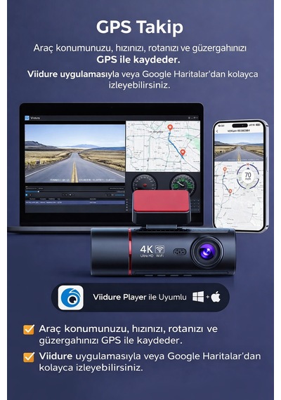 4k Araç Kamerası Gps,wifi Ve Park Kiti Hediye 7/24 Kayıt Mobil Uygulama Destekli Gece Görüş
