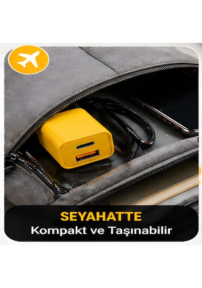 25w Hızlı Şarj Adaptörü + Type-c To Type-c Kablo Seti Pd & Qc 3.0 Destekli Usb + Type-c Çift Giriş Akıllı Koruma Hızlı Şarj Aleti Sarı