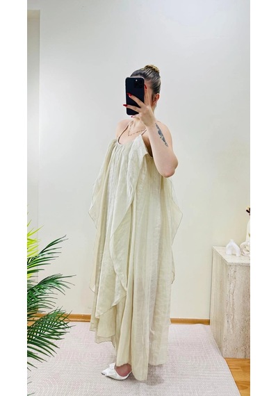 Elora Atelier Büzgülü Askılı Ekru Maxi Boy Elbise Çok Renkli