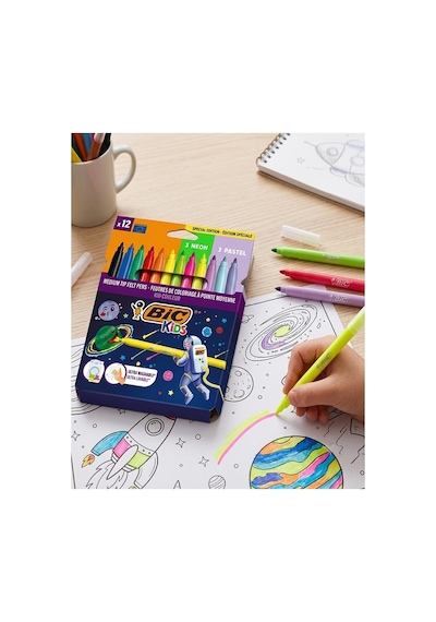 Keçeli Kalem 12 Renk 1 Paket Bic Couleur 12 Li Keçeli Kalem Canlı Renkler Pastel Ve Neon Renkler Yıkanabilir Kaliteli