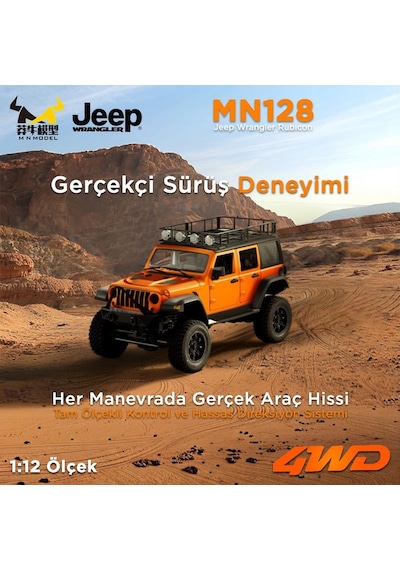 Mn Model Mn128 1/12 Jeep Wrangler Rubicon 4wd Rc Model Crawler Offroad Truck Uzaktan Kumandalı Araba Rtr Turuncu+dahili Işık Seti Mn-128