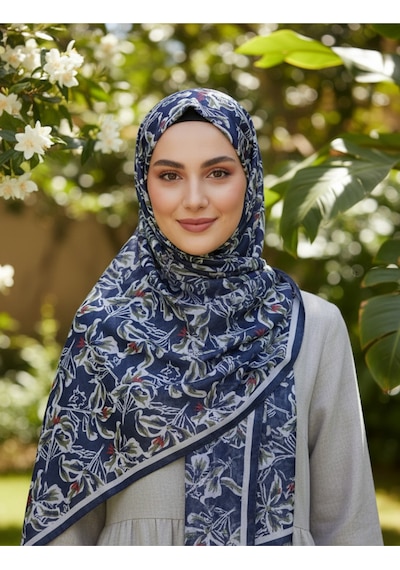 Vivid Floral Desen Pure Touch Koton Şal 75x185cm Lacivert