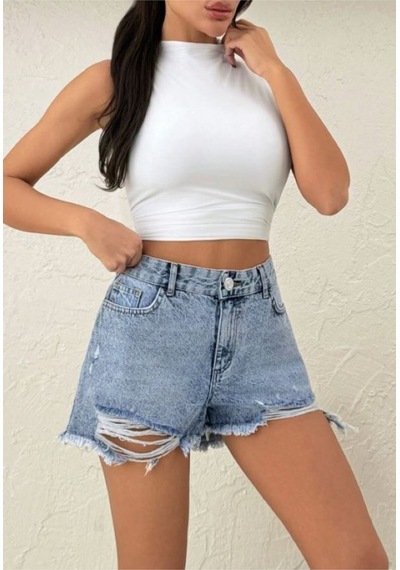 Kene Jeans İşlemli Taş Yıkama Paça Yırtık Detaylı Kısa/mini Kot Şort Taş Yıkama