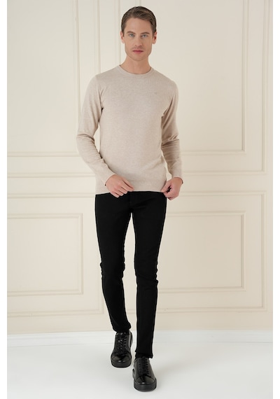 Slim Fit Ribanalı Düz Bej Yünlü Bisiklet Yaka Triko Kazak Tr 900