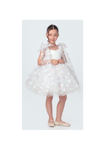 Mnk Baby & Kids Çiçek Brode Desen İmeros Kız Abiye M00736 Beyaz