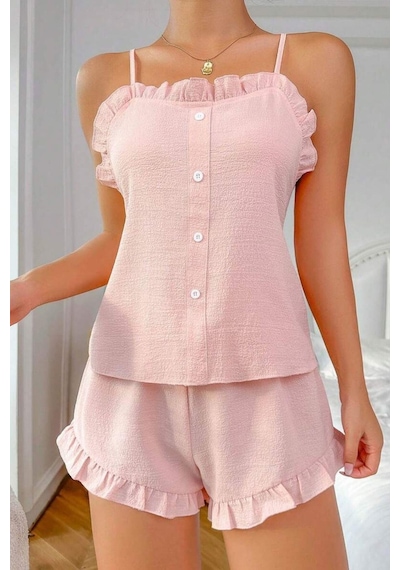 Bella Notte Toz Pembe Süs Düğmeli Fırfırlı Şortlu Pijama Takımı