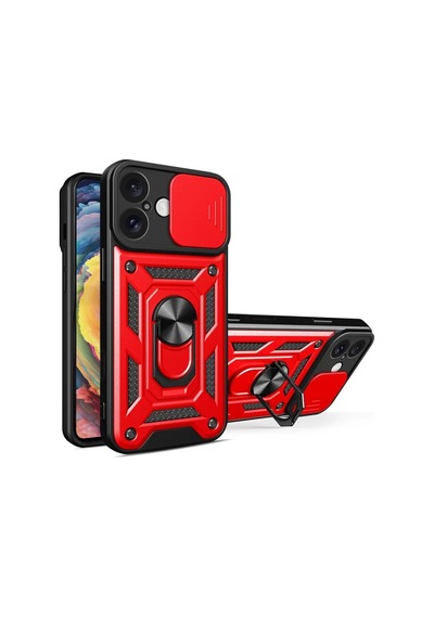 Newface Apple İphone 16 Kılıf Pars Lens Yüzüklü Silikon - Kırmızı