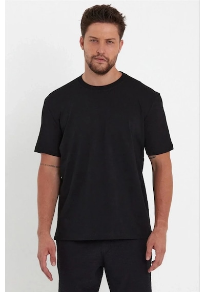 Erkek Düz Penye Tişört Bisiklet Yaka Kısa Kol Regular Fit T-shirt - Siyah