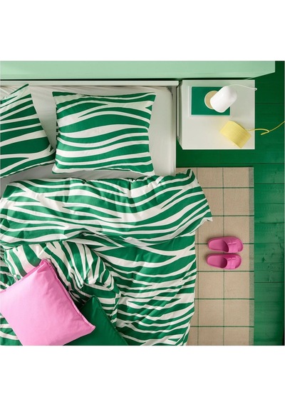 Ikea Portlakmalla Yeşil-beyaz 150x200/50x60 Cm Tek Kişilik Nevresim Seti Beyaz - Yeşil