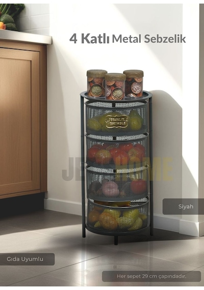 4 Katlı Sebzelik Açılır Metal Patates Soğan Sepeti Paslanmaz Meyvelik Organizer Sepet Siyah Siyah
