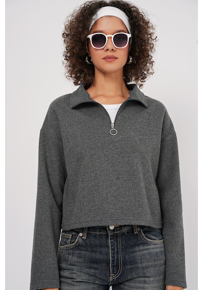 Bigdart 55449 Fermuarlı Yaka Örme Sweatshirt - Antrasit