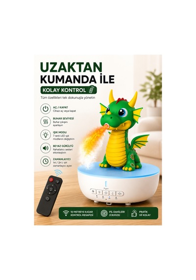 Hava Nemlendirici Buhar Makinesi Ejderha Aroma Difüzörü Beyaz Gürültülü Alev Efektli 7 Renk Led Uzaktan Kumandalı
