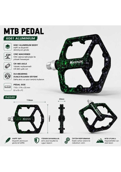 Kenze 3 Rulmanlı Ultralight Alüminyum Alaşımlı Mtb Bmx Geniş Hafif Platform Pedal Yeşil Mor