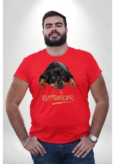 Angemiel Rottweiler Sevgisi Kırmızı Büyük Beden Erkek Kadın Unisex Basic Ön Baskılı Tişört Kırmızı