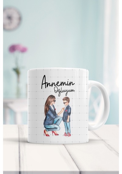 Annemin Oğluyum Baskılı Kupa Bardak Beyaz