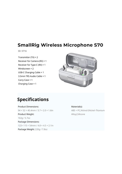 Smallrig - 5716 S70 Beyaz 2 Kişilik 48khz/24bit Kablosuz Yaka Mikrofonu