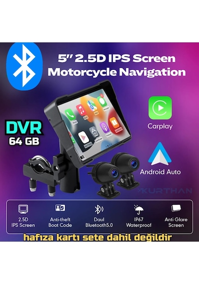 Motosiklet Carplay Ve Android Auto Dokunmatik 5 İnç Dvr Monitör