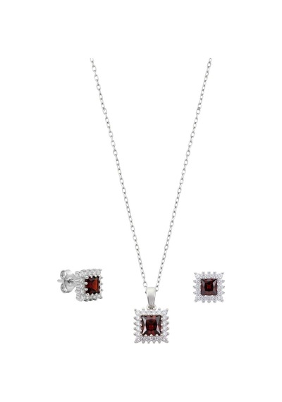 Oya Silver Kare Işıltılı Garnet Tek Taşlı Gümüş Set Takım Oysy261