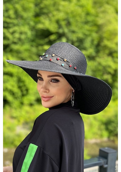 Remsa Şerit Taşlı Hasır Şapka Rş-97 Siyah Siyah