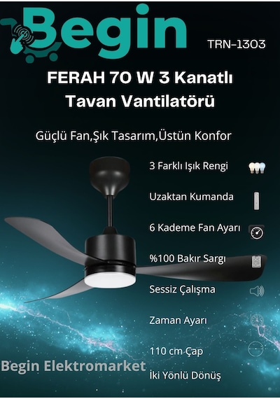 Ferah 70 W 3 Kanatlı Led Işıklı Tavan Vantilatör Uzaktan Kumandalı Siyah