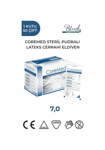 Coremed Steril Cerrahi Lateks Pudralı Eldiven 7 Beden 50 Çift