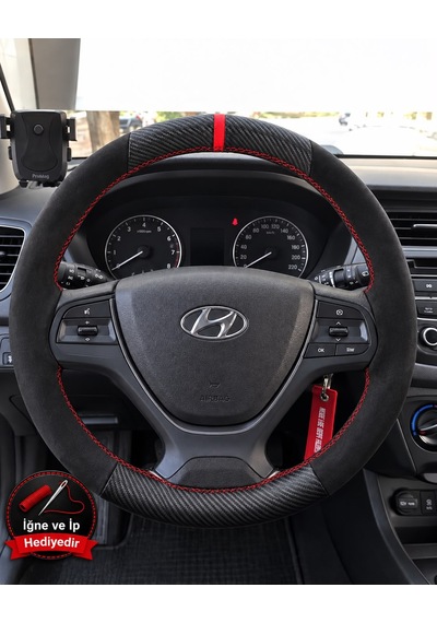 Hyundai İ20 Active Dikme Direksiyon Kılıfı Alcantara Süet Mat Karbon Kırmızı Yüzük Ve Dikiş 2015-2020