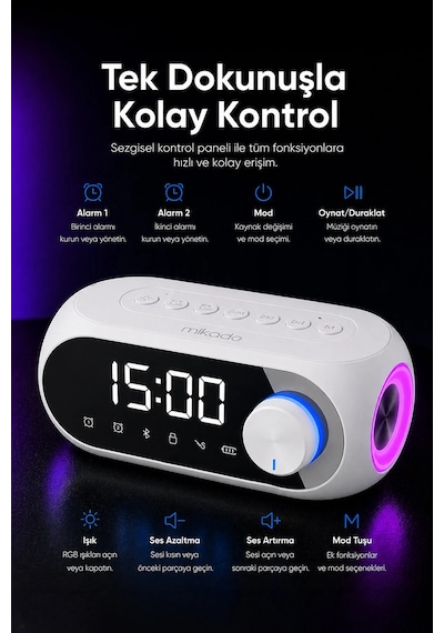 Mikado Md-w7 1200mah 5w Beyaz Bluetooth-aux-derece-usb-fm Radyo Alarmlı Saat Speaker Speaker