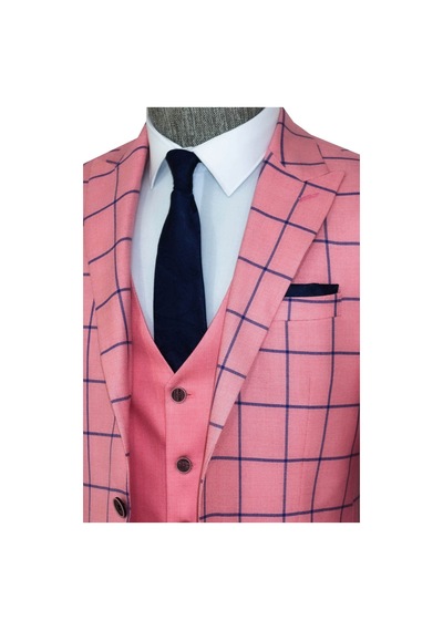 Wessi Ekose Ceketli Slim Fit Pembe Erkek Kombinli Takım Elbise Pembe