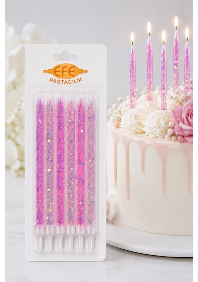 Pembe Beyaz Uzun Pul Simli Pasta Mumu 17 Cm Karışık