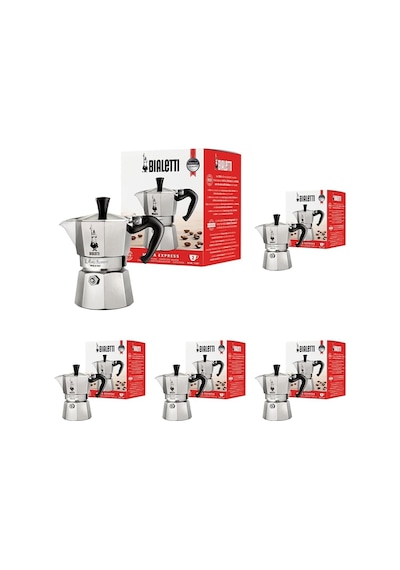 Moka Express: 2 Cups Ocak Üstü Espresso Pişirici - 90ml - Gümüş Renk - Alüminyum Gövde - Patentli Güvenlik Valfi - Tüm Ocak Türleri İçin Uygundur İndüksiyon Hariç 5li Paket